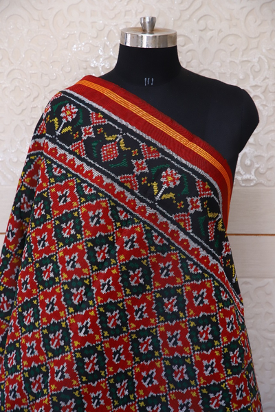 Semi double ikat dupatta in Red and Black colour with traditional Buttonfull design