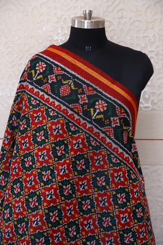 Semi double ikat dupatta in Red and Black colour with traditional Buttonfull design