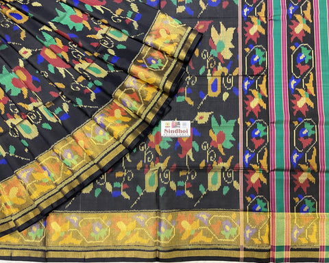 Black multi colour floral Patola Saree