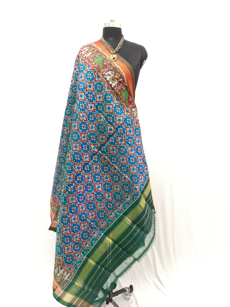 Semi double Ikat Dupatta with Traditional Buttonful design in Red,Green and Sky blue combination