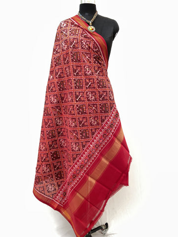 Semi double Ikat Dupatta with Traditional adatala Hathipopat design in red colour