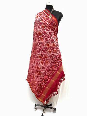 Semi double ikat Dupatta with Traditional Manekchowk and Navratna mix design in Red and White colour