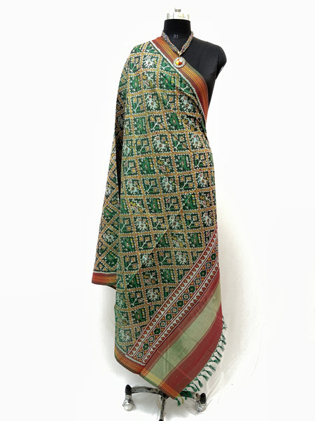 Semi double ikat Dupatta with Traditional adatala Hathipopat design in Green colour