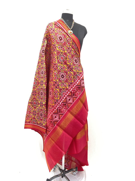 Semi double Ikat Dupatta in traditional Navratna and Manekchowk design with red and yellow colour