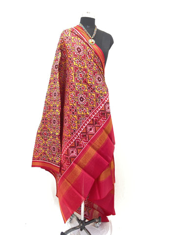 Semi double Ikat Dupatta in traditional Navratna and Manekchowk design with red and yellow colour