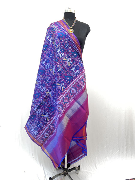Semi double Ikat Dupatta with traditional Sakdi Hathipopat design in red and blue combination