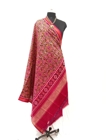 Semi double Ikat Dupatta with traditional Chhabadi Bhat design in Yellow and Red combination