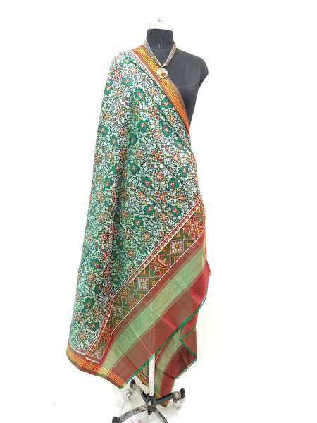 Semi double ikat Dupatta in traditional Chhabadibhaat design with Green and white colour