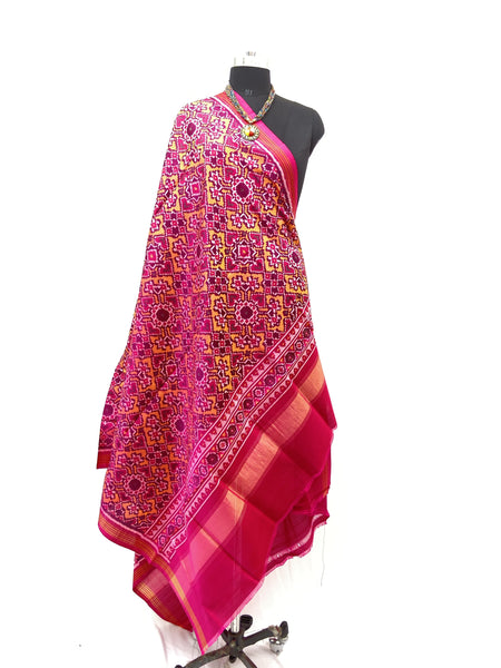 Semi double Ikat Dupatta in traditional Navratna Manekchowk mix design in Yellow and pink combination