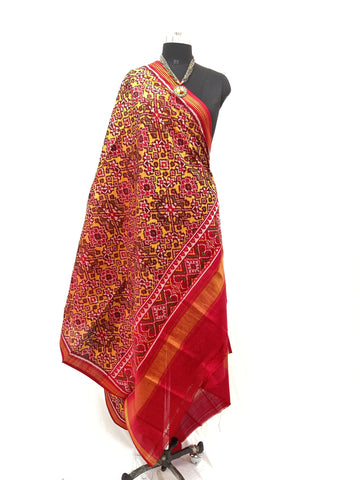 Semi double Ikat Dupatta with traditional Navratna design in Yellow and red combination