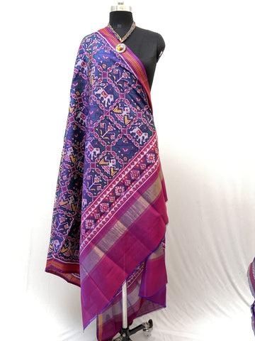 Semi double Ikat Dupatta with Traditional Sakdi Hathipopat design in Green and Purple combination
