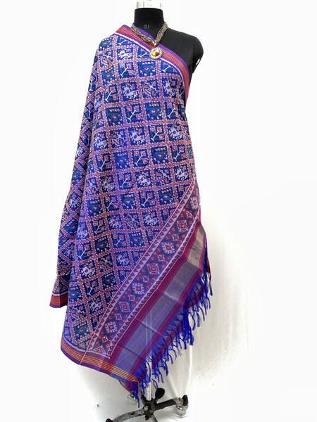 Semi double Ikat Dupatta with Traditional adatala Hathipopat design in purple colour