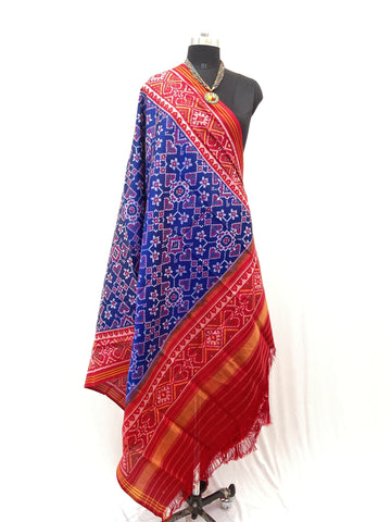 Semi double Ikat Dupatta with Traditional Manekchowk and Navratna mix design in Red and Blue colour