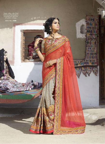 Tomato grey rich combination net material contrast embroidery work decent saree - New India Fashion