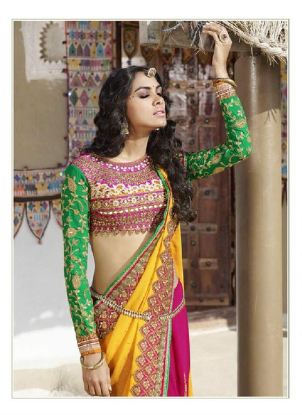 Yellow pink fine combination contrast embroidery work beautiful saree - New India Fashion