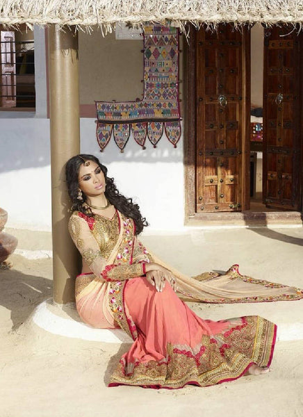 peach cream nice combination net material contrast embroidery work beautiful saree - New India Fashion
