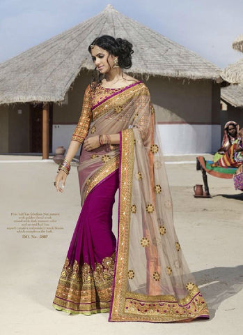 dark Pink golden nice combination net material contrast embroidery work elegant saree - New India Fashion