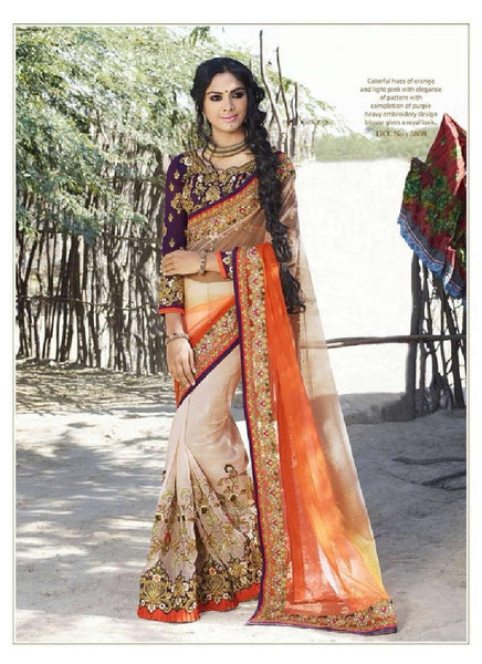Orange cream shaded rich combination net material contrast embroidery work decent saree - New India Fashion