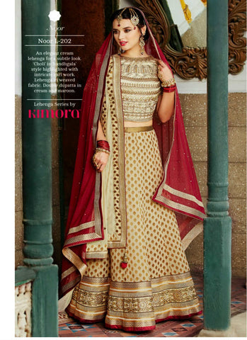 Cream maroon rich colour banarasi jacquard & premium net material intricate zari work designer kimora wedding beautiful lehenga choli - New India Fashion