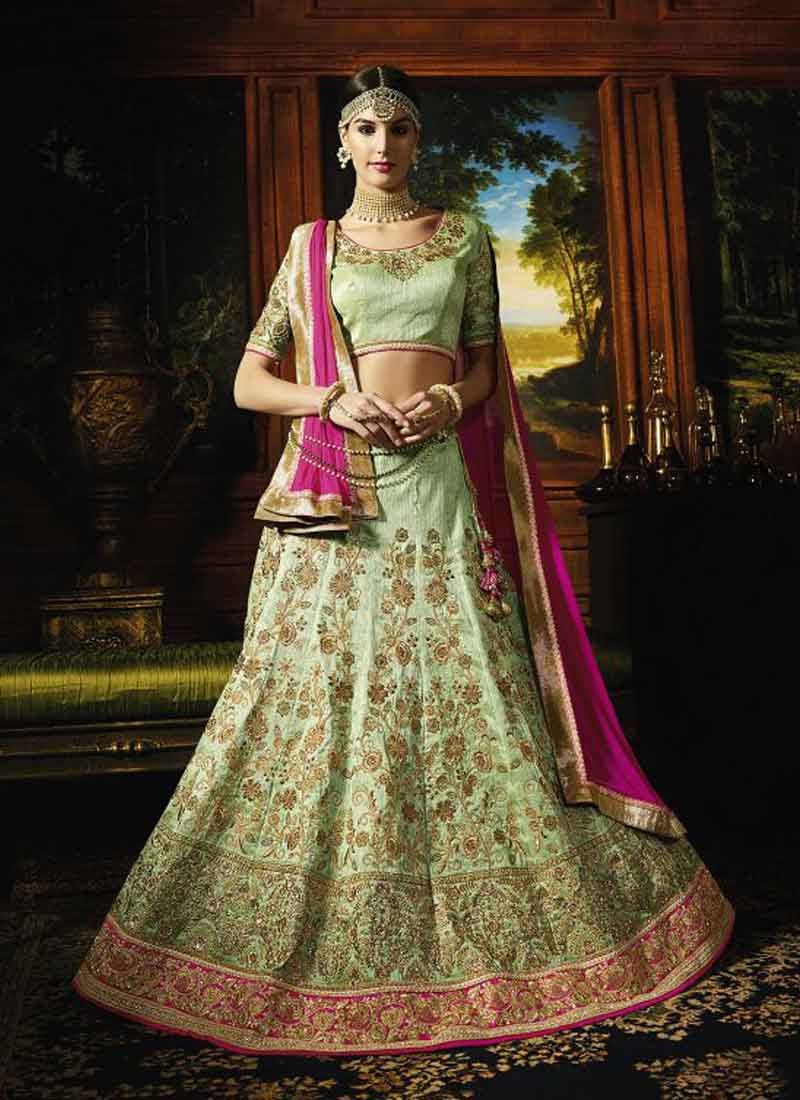 Pista Green Traditional Designer Silk Lehenga with Contrast Choli – Kavra  Fashion®