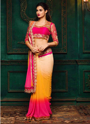 Yellow and hot pink designer saree - New India Fashion