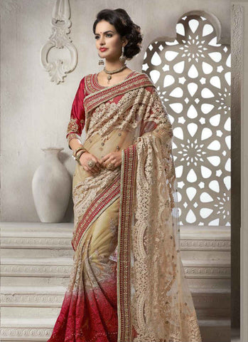 Cream and red saree - New India Fashion