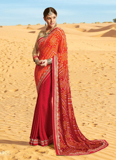 Red and orange bandhani saree  