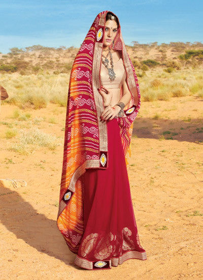 Red and mustard bandhani saree 