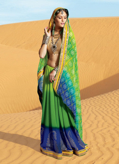 Green and blue bandhani saree 