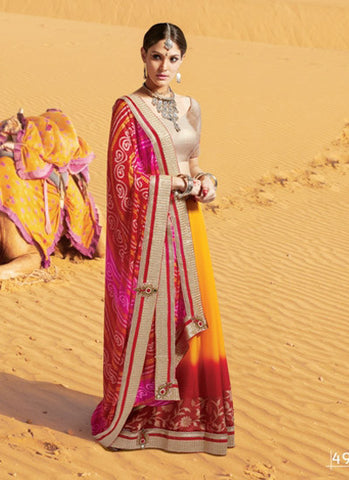 Red and mustard bandhani saree 