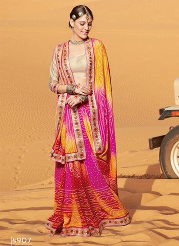 Rani and mustard bandhani saree 