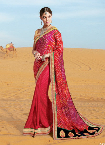 Pink and red bandhani saree 
