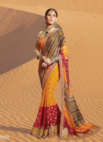 Mustard and red bandhani saree 