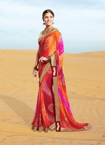 Saffron and red bandhani saree 