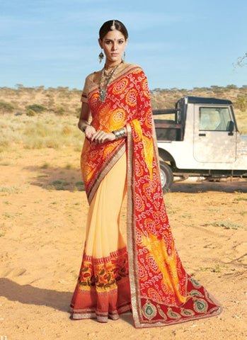 Red and lemon bandhani saree 