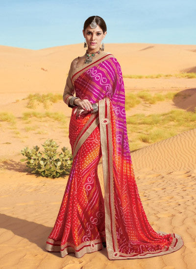 Pink and red bandhani saree 