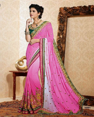 Chiffon with Sequins work  Designer Border Short Sleeve U Neck party wear designer saree - New India Fashion