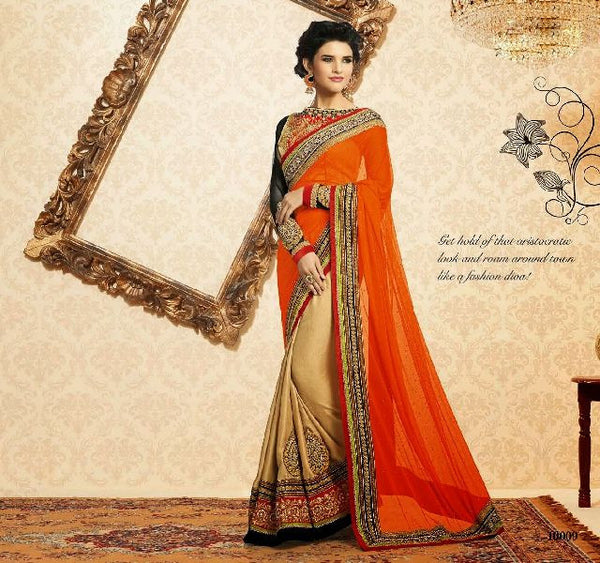 Net sequins work Embroidered Border Full Sleeve Round Neck designer saree - New India Fashion