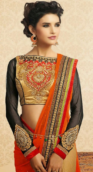 Net sequins work Embroidered Border Full Sleeve Round Neck designer saree - New India Fashion