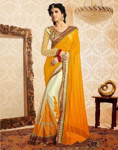 Net with Dori embroidery Embroidered Border Full Sleeve V Neck wedding designer saree - New India Fashion