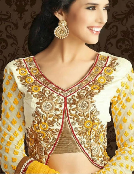 Net with Dori embroidery Embroidered Border Full Sleeve V Neck wedding designer saree - New India Fashion