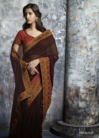 Georgette with Dori embroidery short sleeve round neck designer saree - New India Fashion