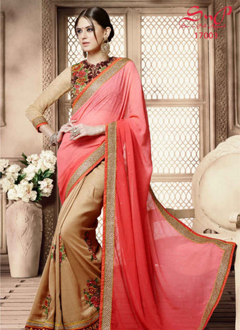 Tomato and cream saree - New India Fashion