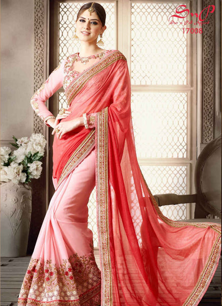 Tomato and pink saree - New India Fashion