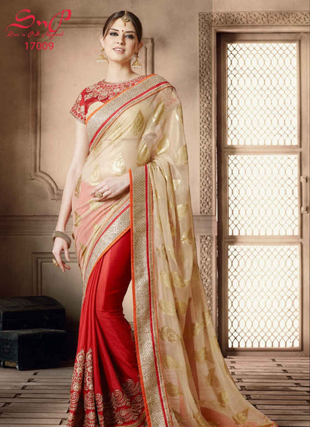Cream and red saree - New India Fashion
