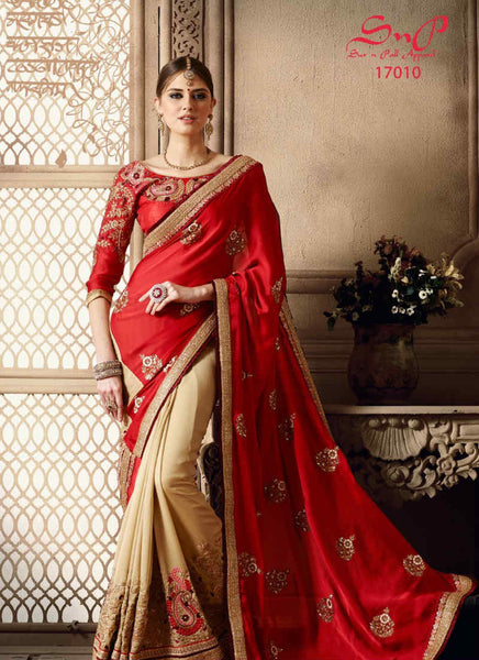 Red and cream saree - New India Fashion