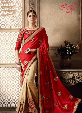 Red and cream saree - New India Fashion