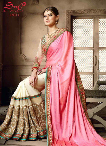 Pink and off white saree - New India Fashion