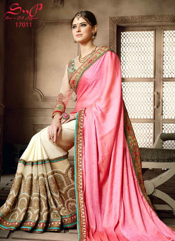 Pink and off white saree - New India Fashion