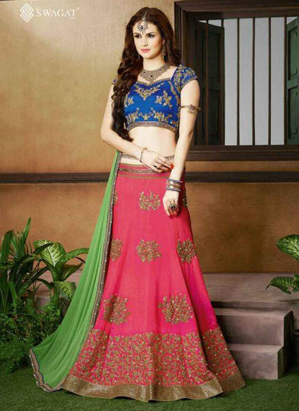 Pink and BLue designer lehenga 